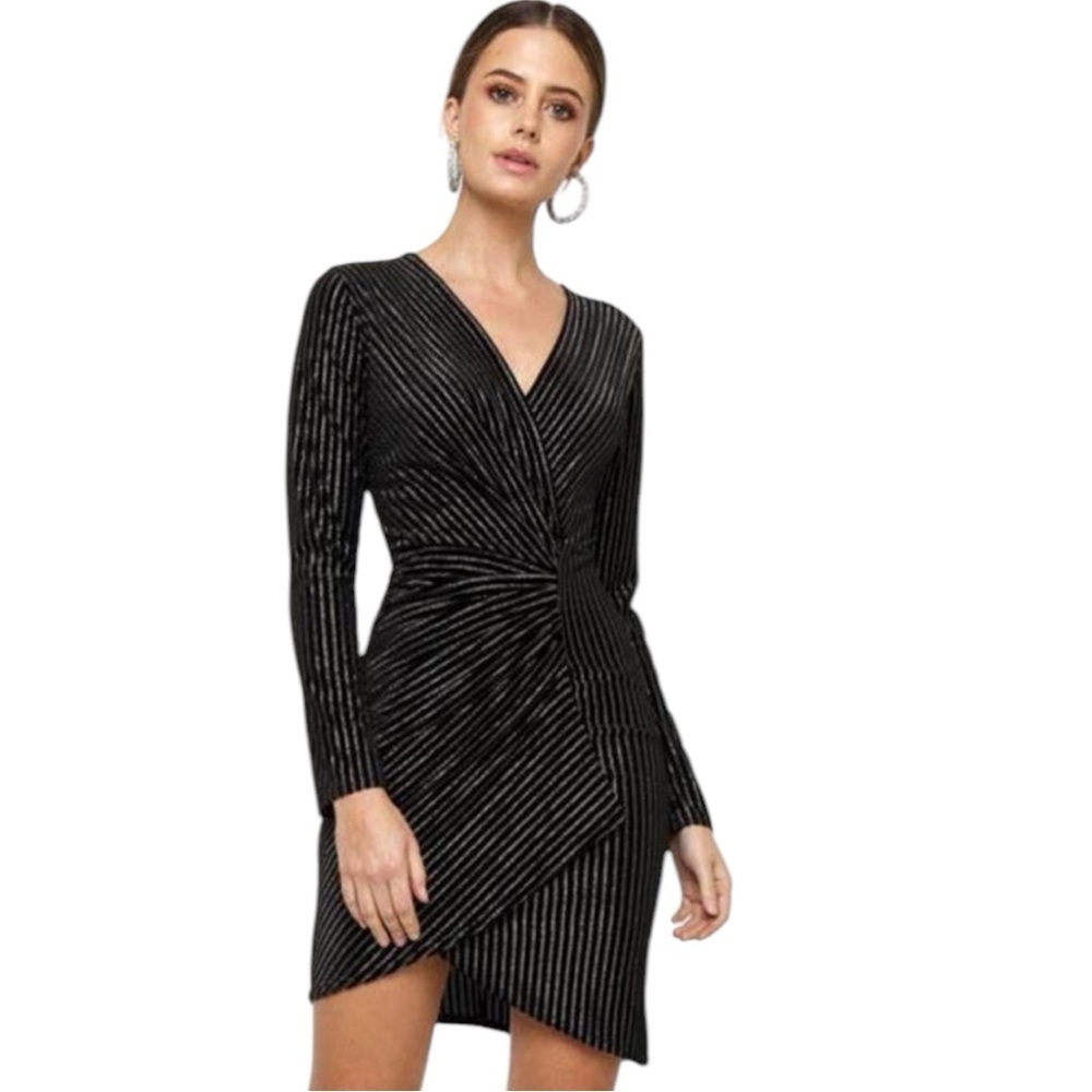 TFNC London Nuka Black Metallic Stripe Faux Wrap Cinch Mini Dress Size Small